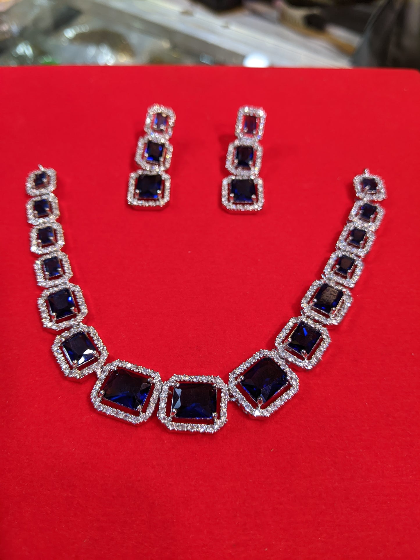 Luxury Square-Cut Blue Stone Necklace Set with Earrings