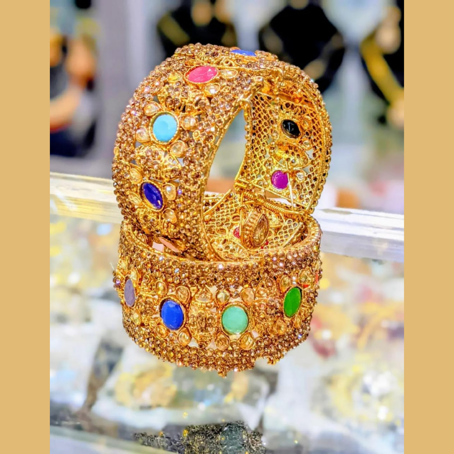 Multicolor Stone-Studded Gold Bangles (Kangan Pair)