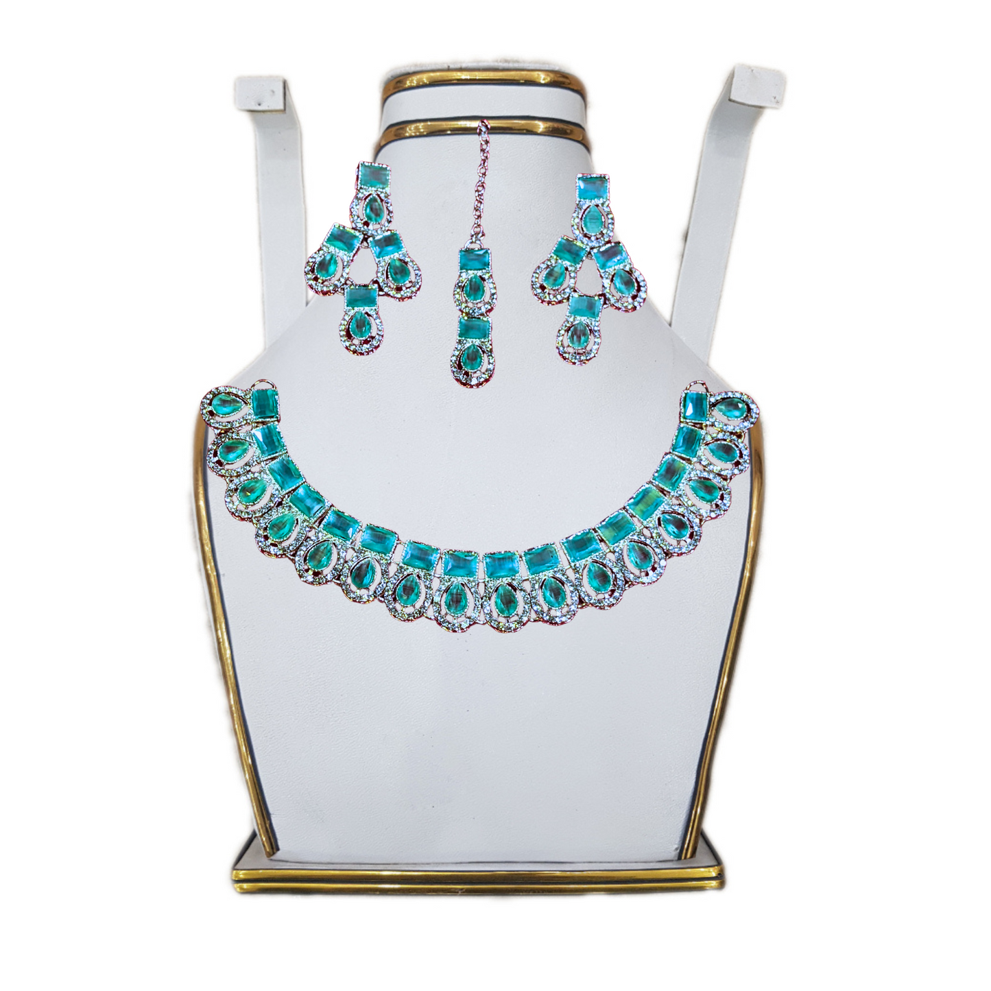 Turquoise Blue Stone Necklace Set with Earrings & Maang Tikka