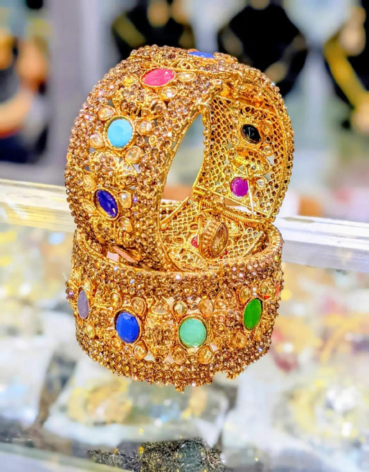 Multicolor Stone-Studded Gold Bangles (Kangan Pair)