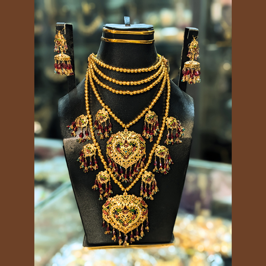 Traditional Layered Bridal Necklace Set – Gold with Red & Green Accents