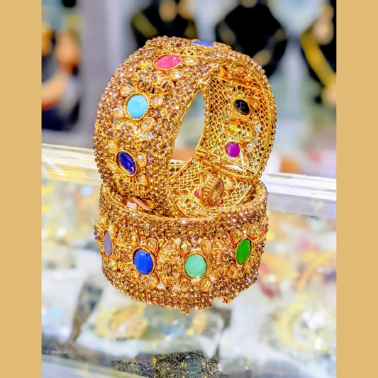 Multicolor Stone-Studded Gold Bangles (Kangan Pair)