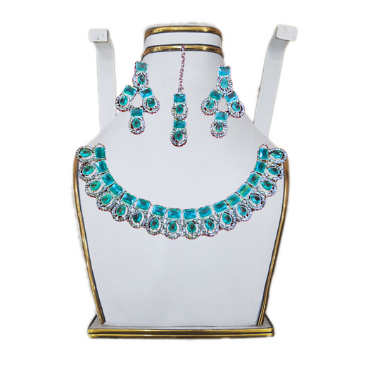 Turquoise Blue Stone Necklace Set with Earrings & Maang Tikka