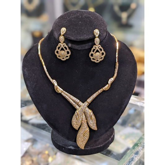 Elegant Gold Plated Necklace Set with Studded Leaf Design