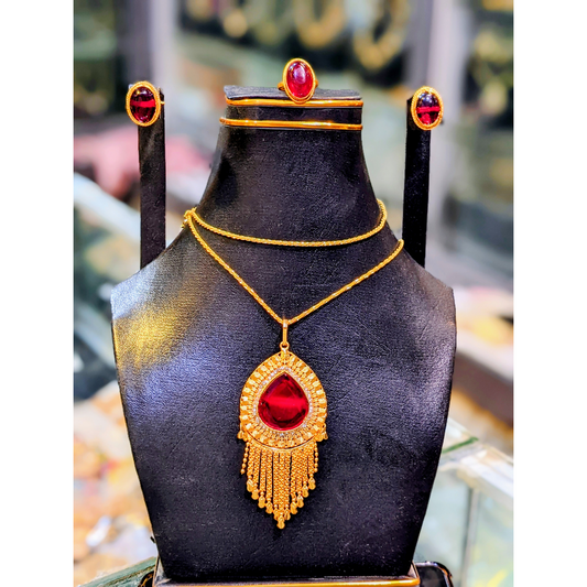 Statement Gold Necklace Set with Ruby Red Stone & Matching Rings